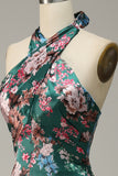 Flower Print Mermaid Halter Satin Ball Dress