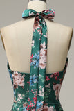 Flower Print Mermaid Halter Satin Ball Dress