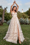 A Line Spaghetti Straps Apricot Print Ball Dress with Slit