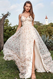 A Line Spaghetti Straps Apricot Print Ball Dress with Slit