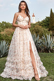 A Line Spaghetti Straps Apricot Print Ball Dress with Slit