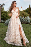 A Line Spaghetti Straps Apricot Print Ball Dress with Slit