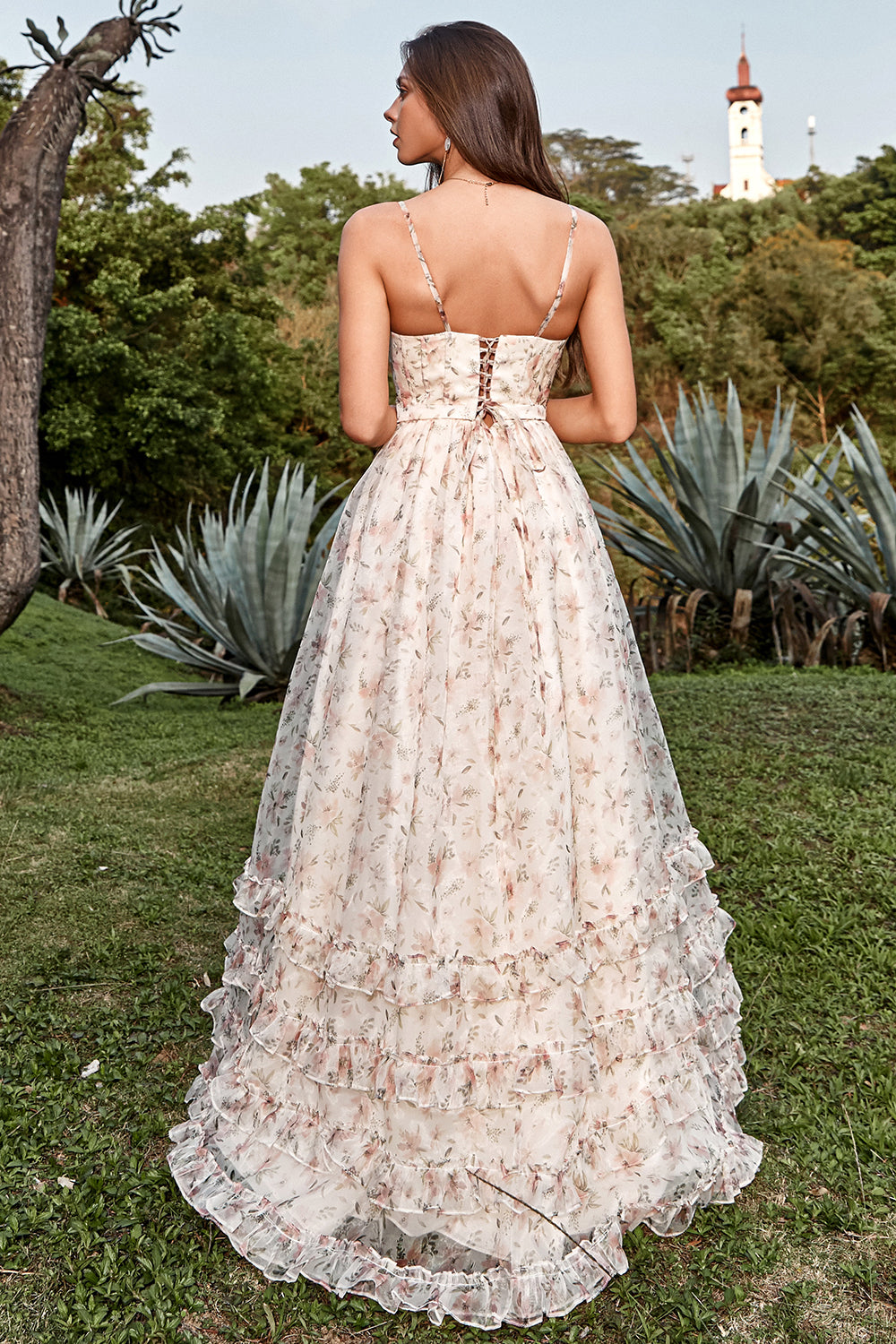 A Line Spaghetti Straps Apricot Print Ball Dress with Slit