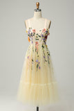 A Line Spaghetti Straps Champagne Tea Length Ball Dress with Appliques