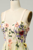 A Line Spaghetti Straps Champagne Tea Length Ball Dress with Appliques