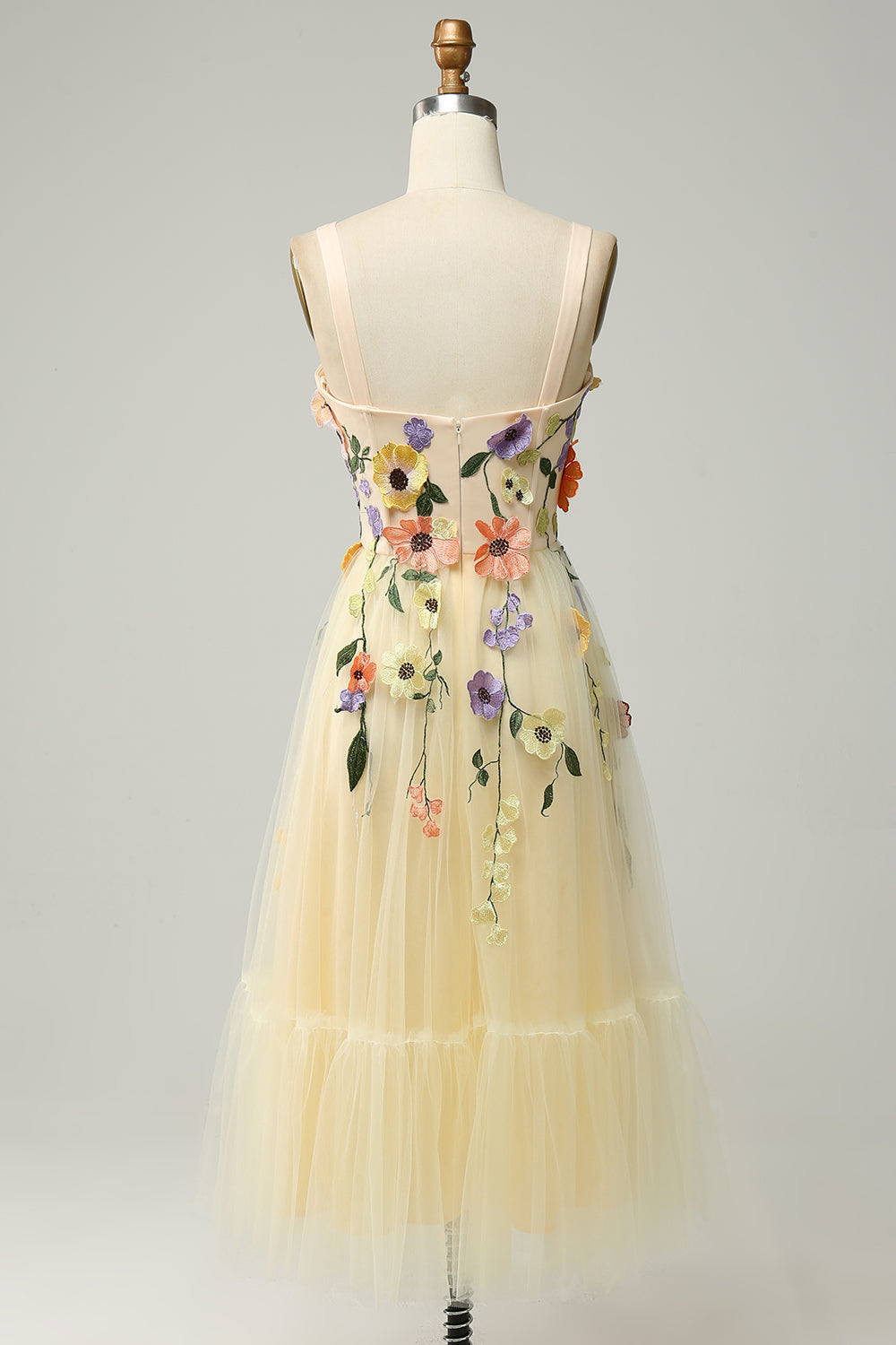A Line Spaghetti Straps Champagne Tea Length Ball Dress with Appliques