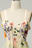 A Line Spaghetti Straps Champagne Tea Length Ball Dress with Appliques