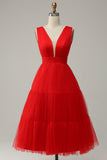 Red A Line Deep V Neck Midi Ball Dress with Open Back