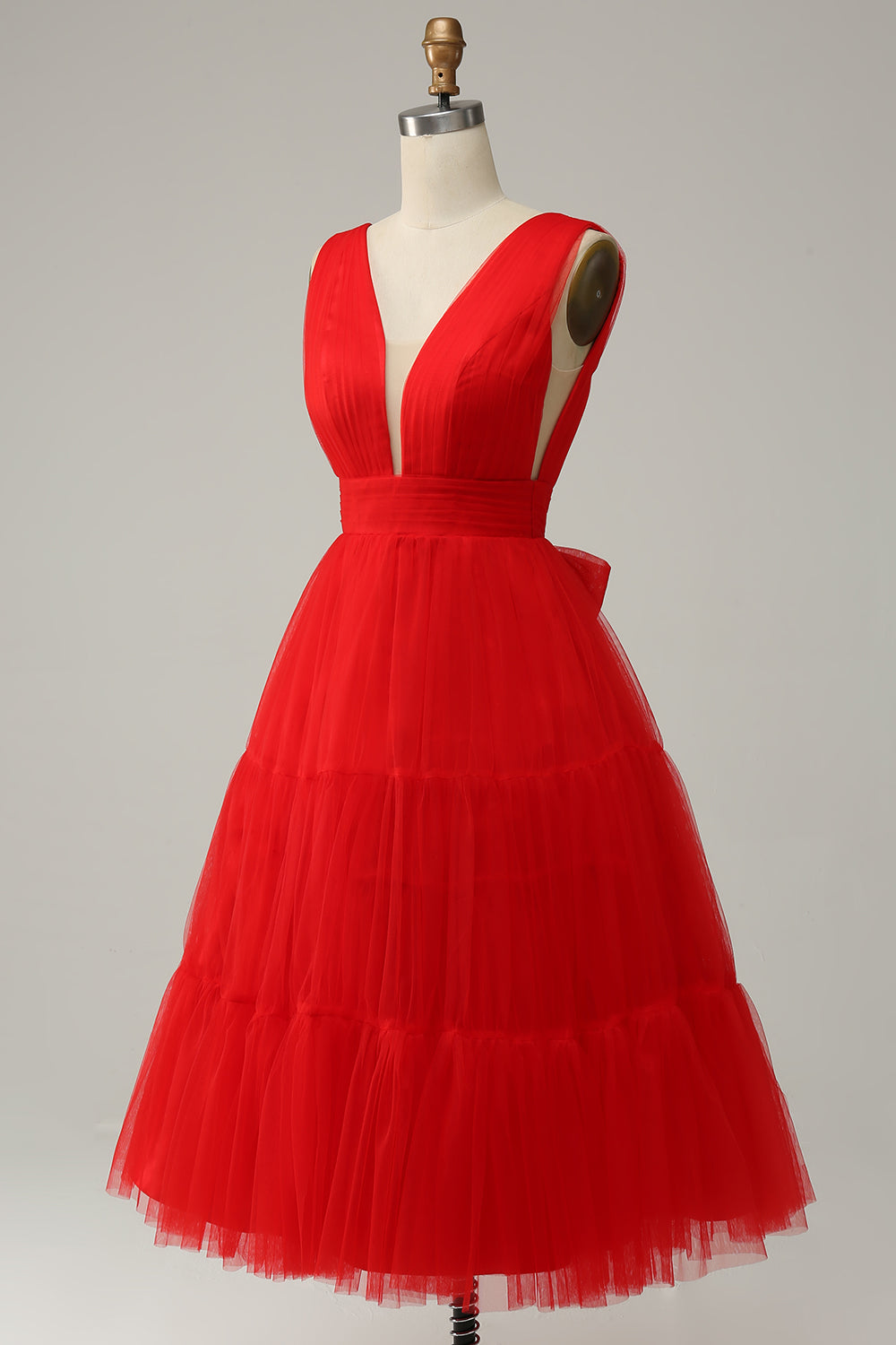 Red A Line Deep V Neck Midi Ball Dress with Open Back