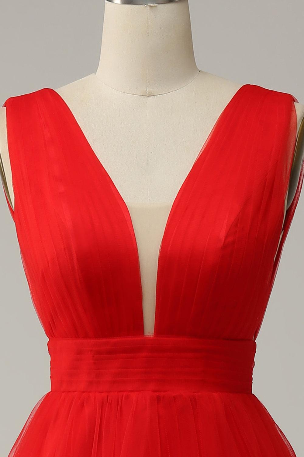 Red A Line Deep V Neck Midi Ball Dress with Open Back