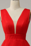 Red A Line Deep V Neck Midi Ball Dress with Open Back