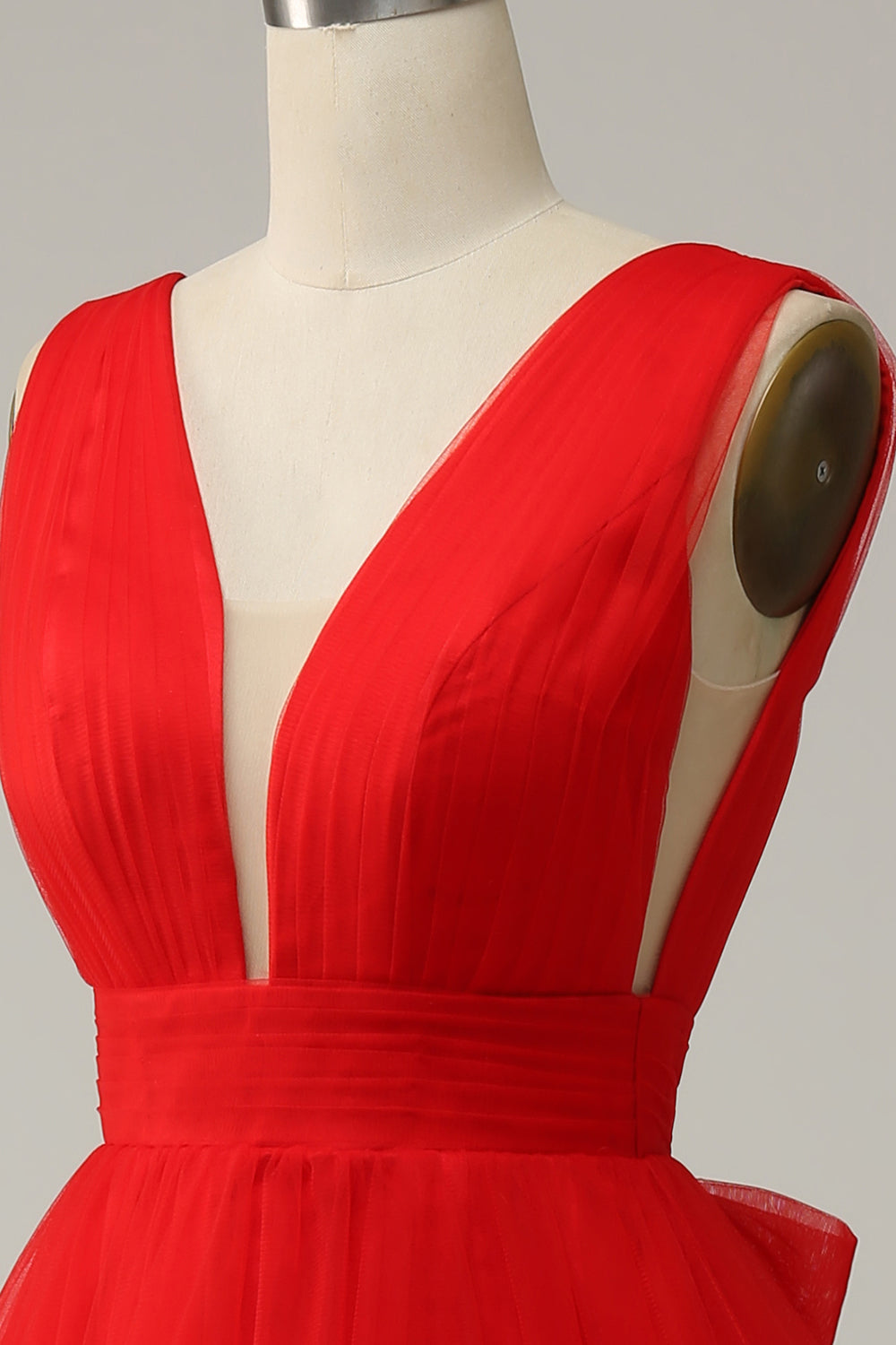 Red A Line Deep V Neck Midi Ball Dress with Open Back