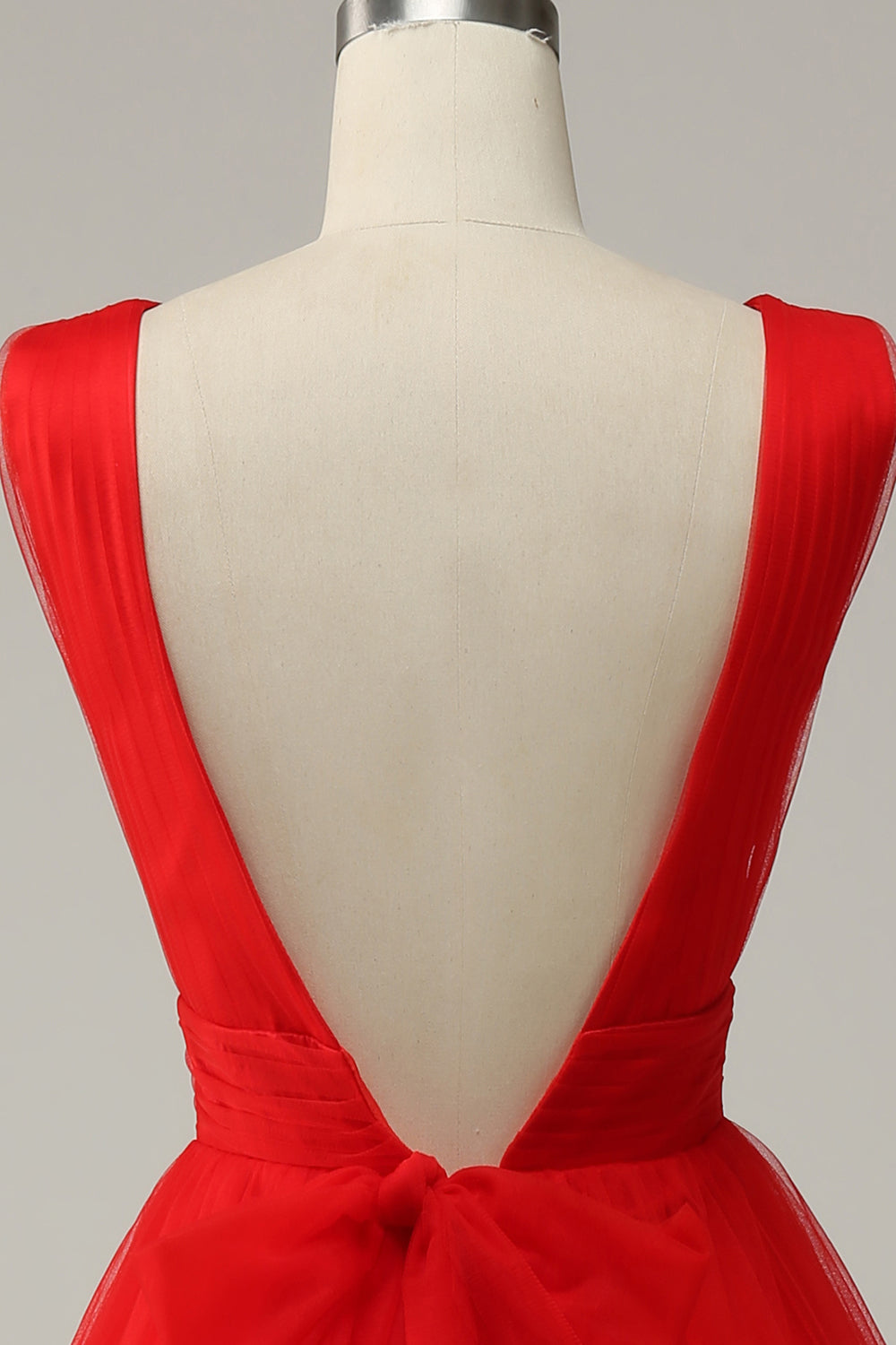 Red A Line Deep V Neck Midi Ball Dress with Open Back
