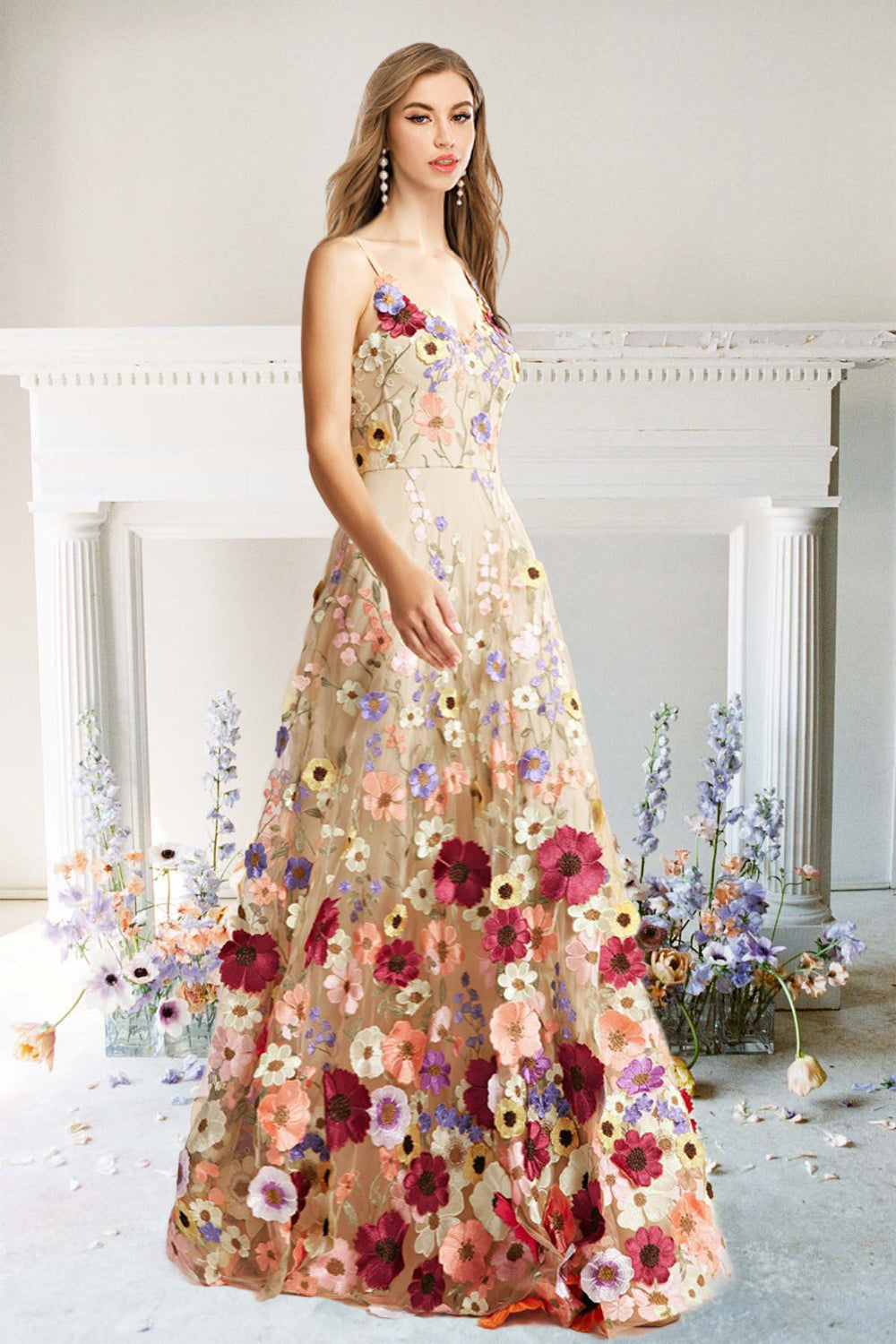 A Line Spaghetti Straps Champagne Long Ball Dress with Appliques