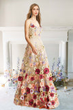 A Line Spaghetti Straps Champagne Long Ball Dress with Appliques