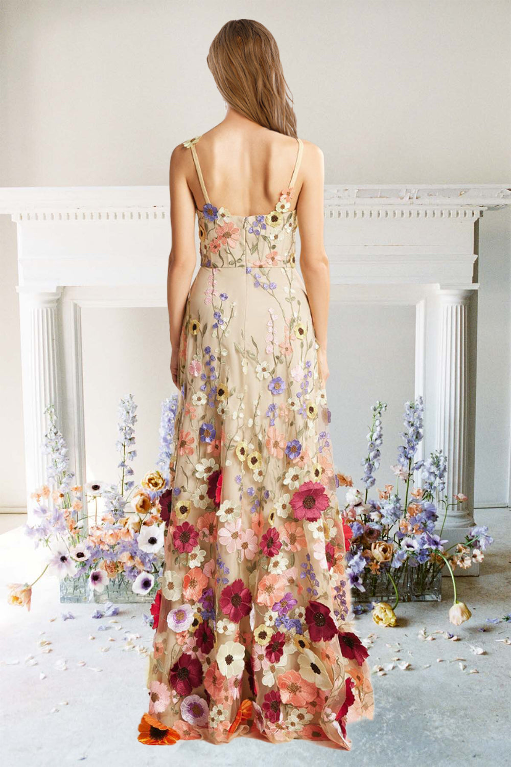 A Line Spaghetti Straps Champagne Long Ball Dress with Appliques