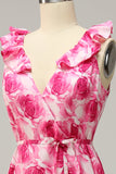 Plus Size High Low Pink Flower Printed Plus Size Wedding Party Dress with Ruffles