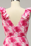 Plus Size High Low Pink Flower Printed Plus Size Wedding Party Dress with Ruffles