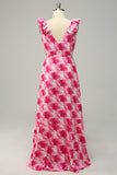 Plus Size High Low Pink Flower Printed Plus Size Wedding Party Dress with Ruffles