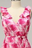 Plus Size High Low Pink Flower Printed Plus Size Wedding Party Dress with Ruffles