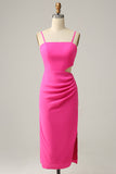Spaghetti Straps Cut Out Hot Pink Formal Party Dress with Ruffles