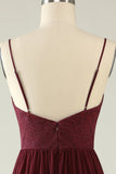 Burgundy Spaghetti Straps Lace Bridesmaid Dress with Hollow-out