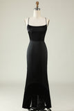 Spaghetti Straps Black Satin Ball Dress with Fringes