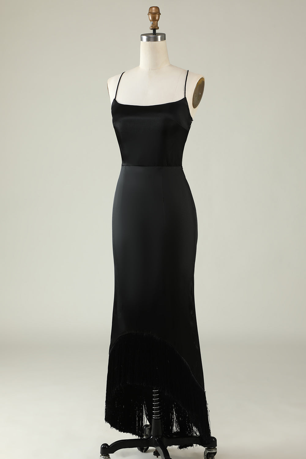 Spaghetti Straps Black Satin Ball Dress with Fringes