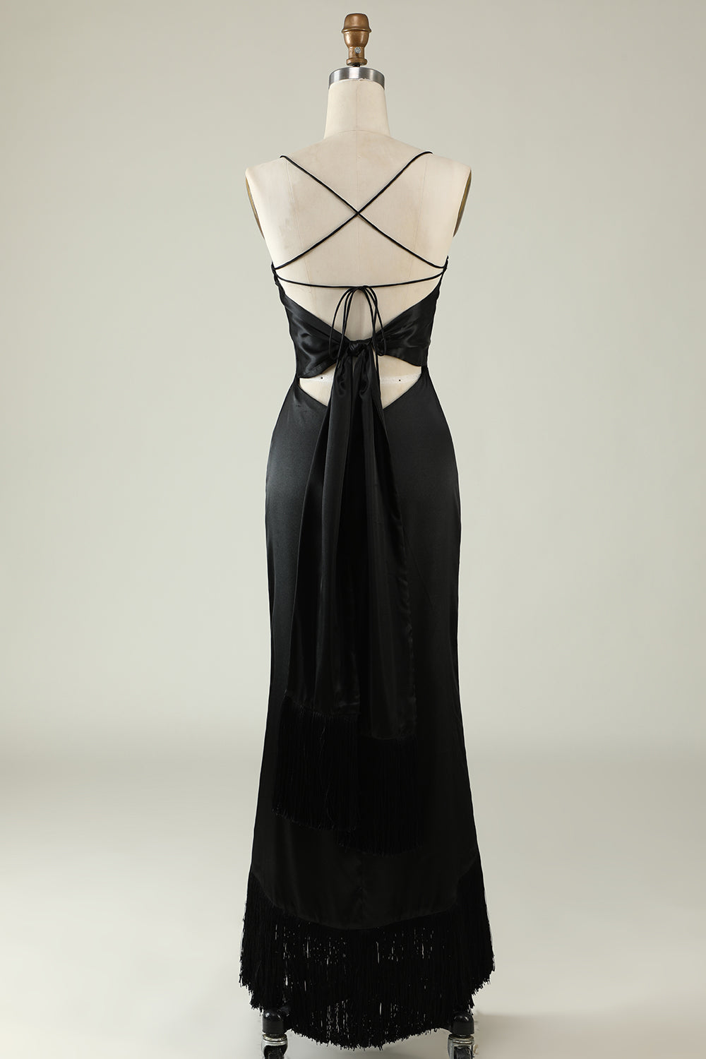 Spaghetti Straps Black Satin Ball Dress with Fringes