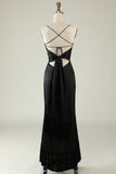 Spaghetti Straps Black Satin Ball Dress with Fringes