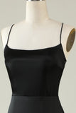Spaghetti Straps Black Satin Ball Dress with Fringes