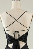Spaghetti Straps Black Satin Ball Dress with Fringes