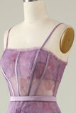 Purple A Line Spaghetti Straps Printed Corset Ball Dress