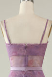 Purple A Line Spaghetti Straps Printed Corset Ball Dress