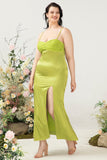 Sheath Spaghetti Straps Lemon Green Plus Size Wedding Guest Dress with Silt