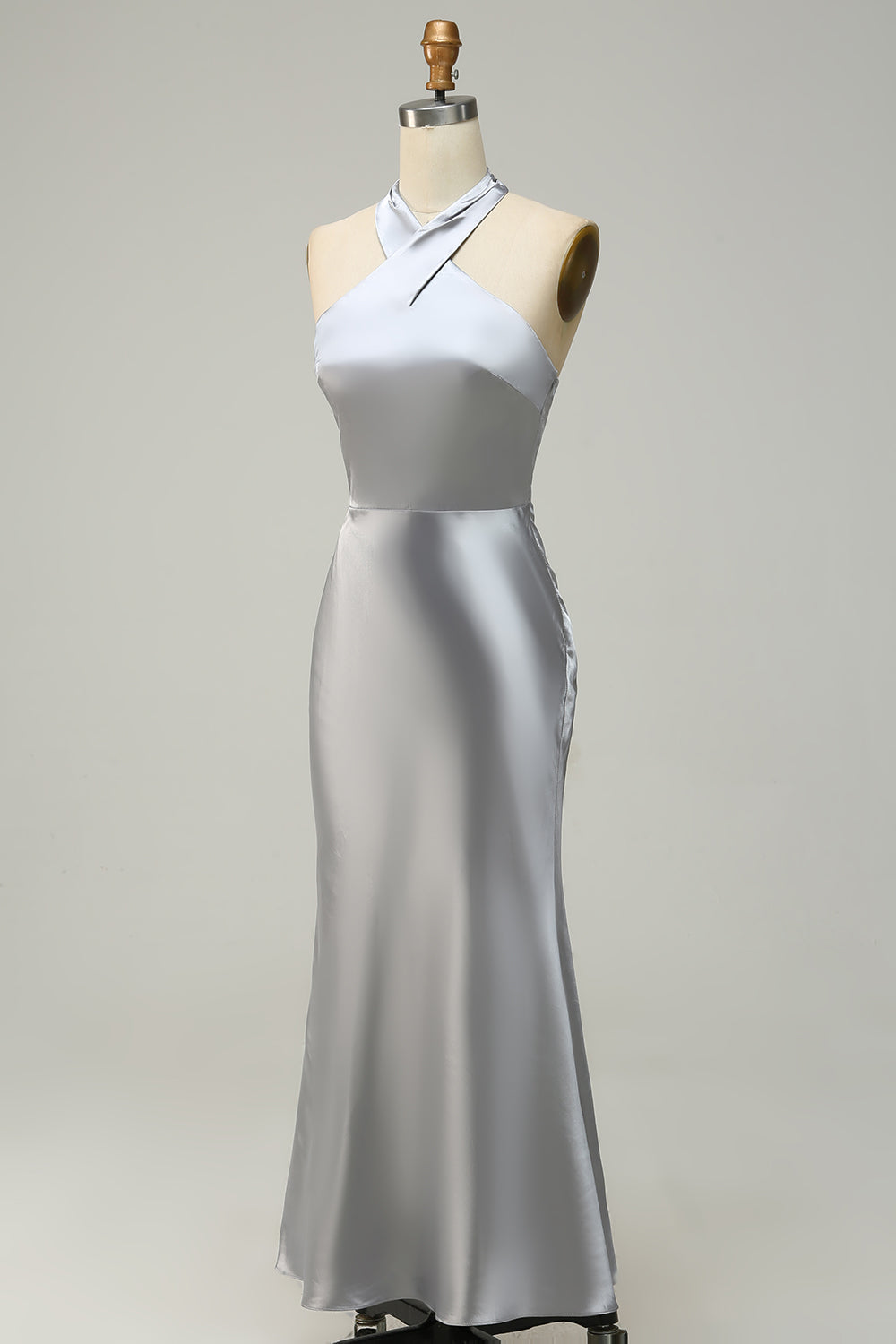 Sheath Halter Neck Silver Long Bridesmaid Dress