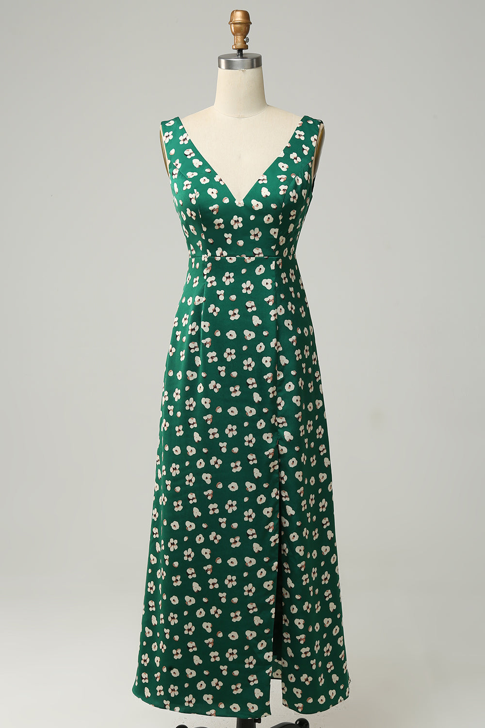 Sheath V Neck Print Floral Green Formal Dress with Slit