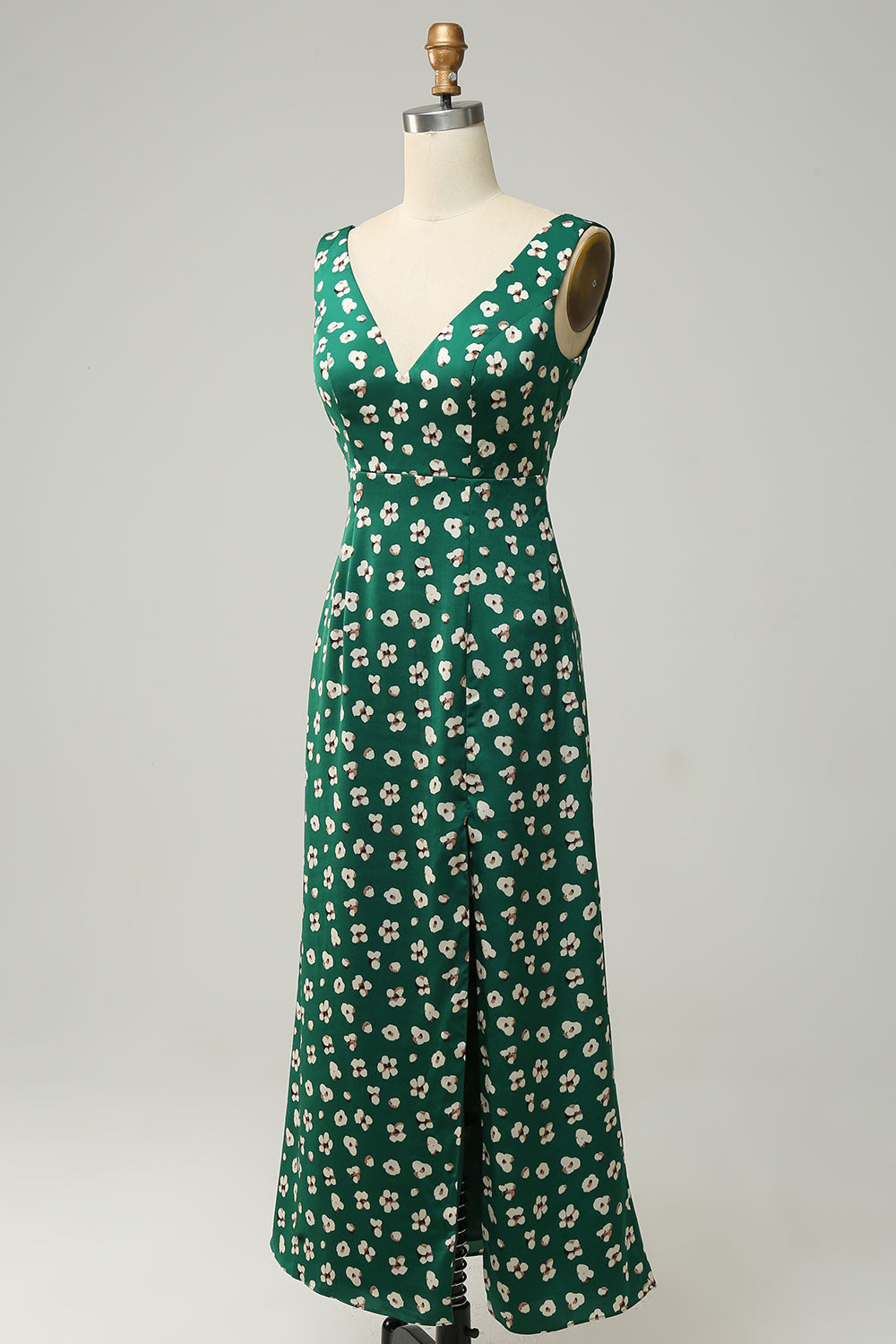 Sheath V Neck Print Floral Green Formal Dress with Slit