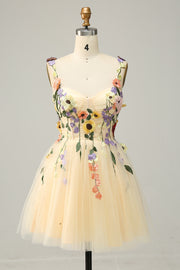 A Line Spaghetti Straps Champagne Short Cocktail Dress with Appliques
