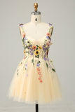 A Line Spaghetti Straps Champagne Short Cocktail Dress with Appliques