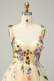 A Line Spaghetti Straps Champagne Short Cocktail Dress with Appliques