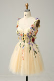 A Line Spaghetti Straps Champagne Short Cocktail Dress with Appliques