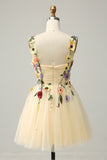 A Line Spaghetti Straps Champagne Short Cocktail Dress with Appliques