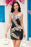 Bodycon One Shoulder Black Sequin Beading Cocktail Dress