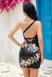 Bodycon One Shoulder Black Sequin Beading Cocktail Dress