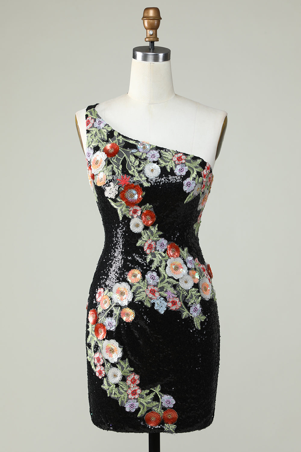 One Shoulder Black Sequin Beading Cocktail Dress
