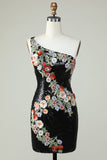 One Shoulder Black Sequin Beading Cocktail Dress