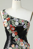 One Shoulder Black Sequin Beading Cocktail Dress