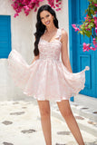 Unique A Line Spaghetti Straps Grey Pink Printed Short Cocktail Dress
