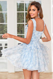 A Line Cute Blush Printed Short Cocktail Dress with Ruffles